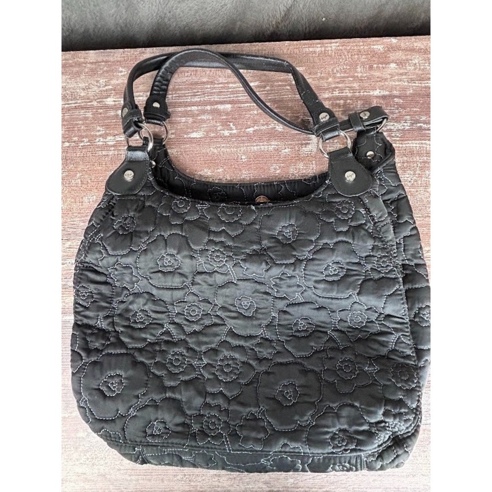 THIRTY-ONE Handbag Quilted Poppy Floral Black Purse Large Bag 3-Compartment